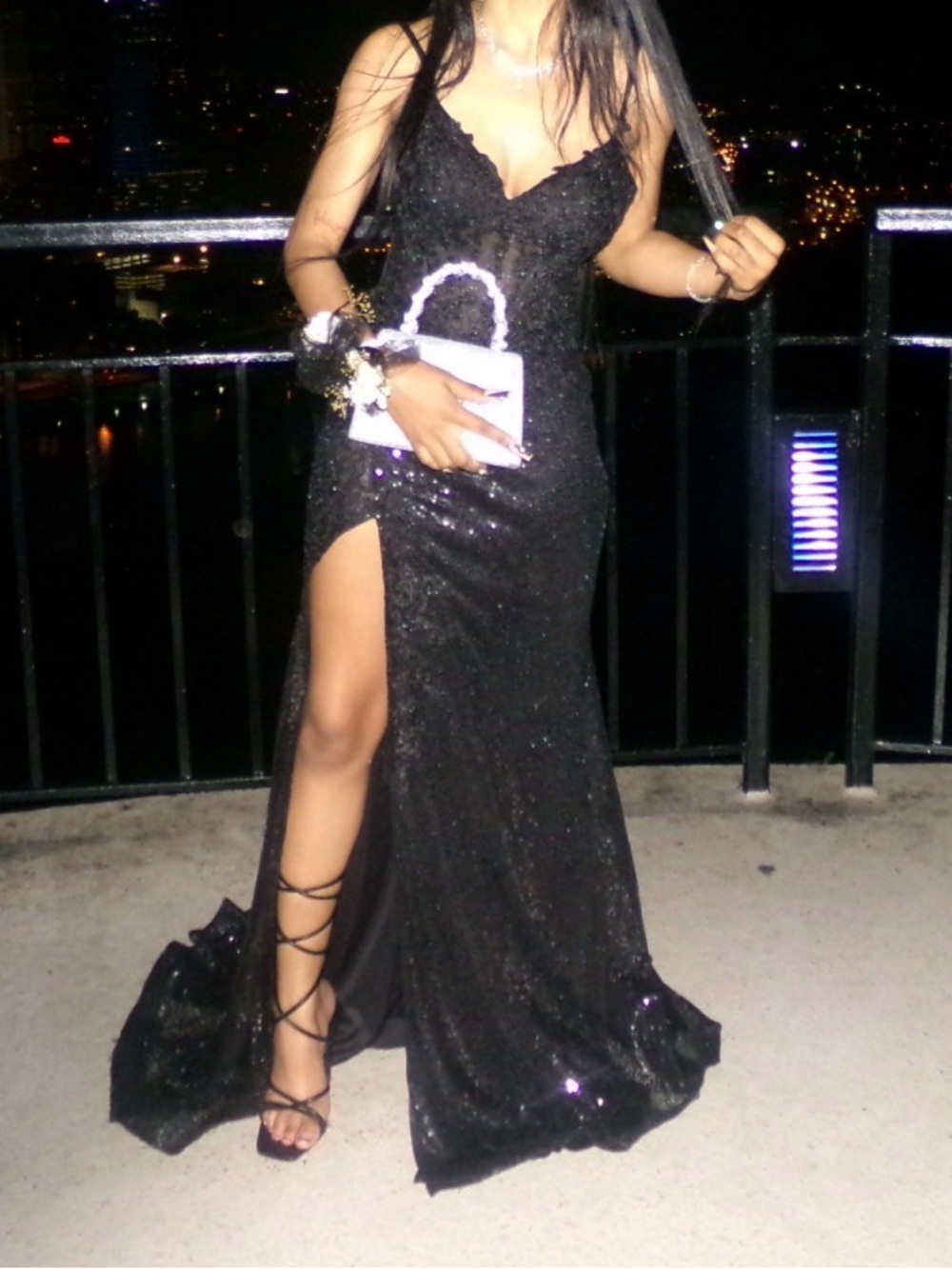 Black Sequin Sweetheart Neckline Evening Gown with High Slit sz Small
